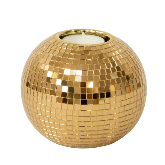 Świecznik ceramiczny w kształcie kuli dekorowany lusterkami w stylu glamour złoty - ∅ 12 x 10 cm - złoty