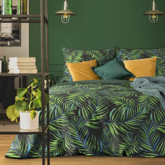 EUROFIRANY NOVA Komplet pościeli PALMS z wysokogatunkowej satyny bawełnianej z motywem palmowych liści - 220 x 200 cm - zielony