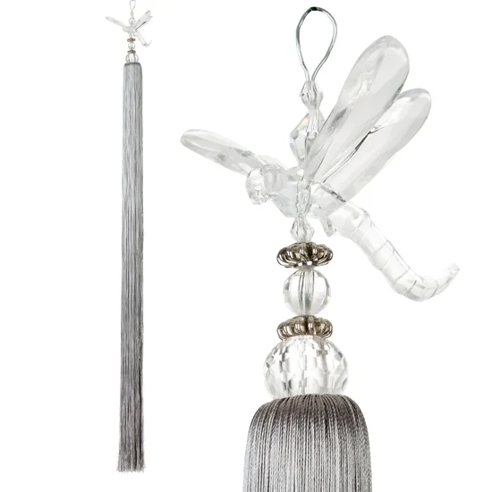 Dekoracyjny sznur do upięć z chwostem z kryształową ważką, styl glamour - 95 x 13 cm - srebrny
