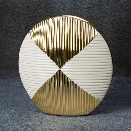 Wazon ceramiczny biało-złoty z geometrycznym wzorem - 20 x 6 x 21 cm - beżowy