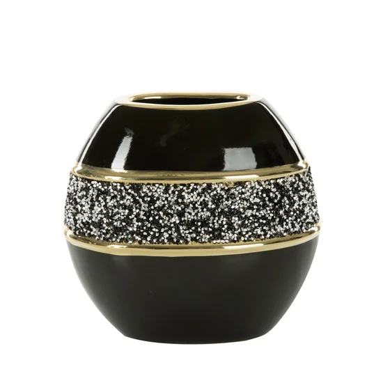 Wazon SHELLY w stylu glamour z drobnymi kryształkami i złoceniem - 20 x 10 x 20 cm - czarny