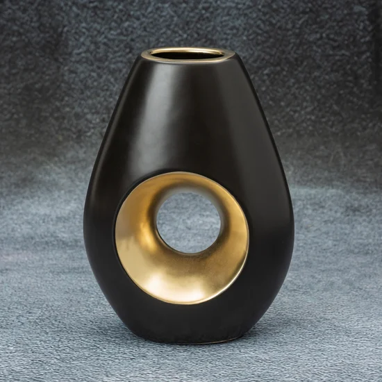 Wazon ceramiczny MIRA z otworem czarno-złoty - 15 x 7 x 20 cm - czarny