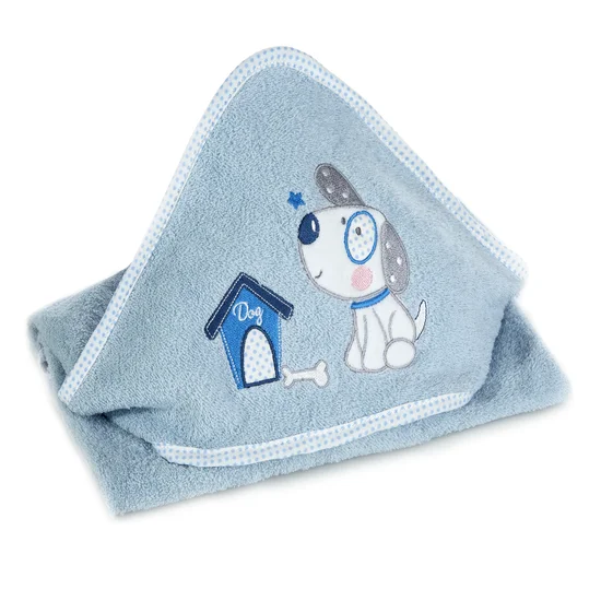 Ręcznik BABY z kapturkiem i haftowaną aplikacją z dinozaurem - 75 x 75 cm - niebieski