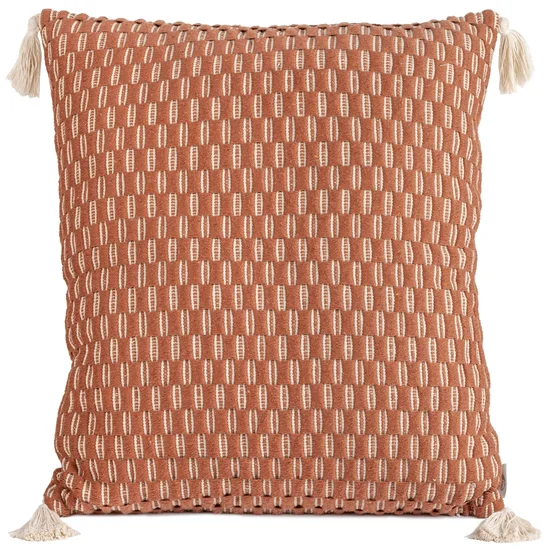 TERRA COLLECTION Poszewka MOROCCO z grubej tkaniny bawełnianej zdobiona chwostami na rogach - 60 x 60 cm - ceglasty