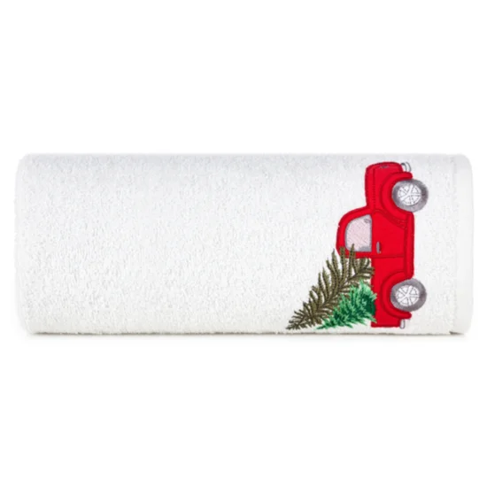 Ręcznik świąteczny SANTA 22 bawełniany z aplikacją z samochodem i choinką - 50 x 90 cm - biały