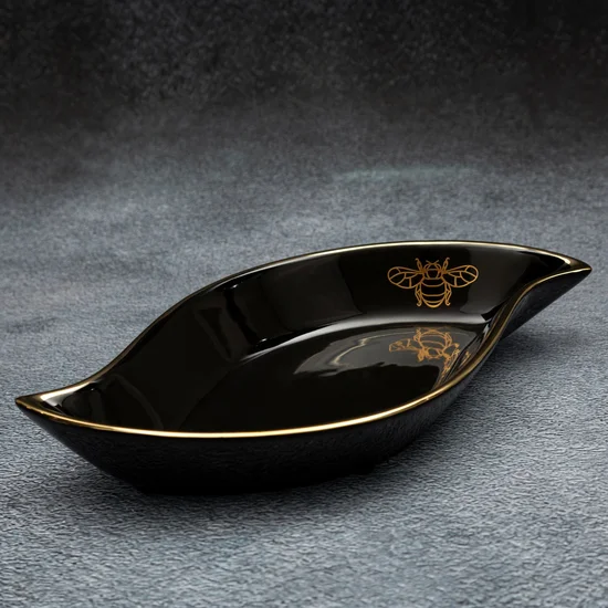 Patera ceramiczna w kształcie łódki z nadrukiem złotej pszczoły - 31 x 17 x 5 cm - czarny