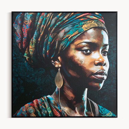 Obraz drukowany na płótnie portret tajemniczej kobiety z kolorowym turbanem 60 x 60 cm czarny,ciemnoturkusowy | Eurofirany