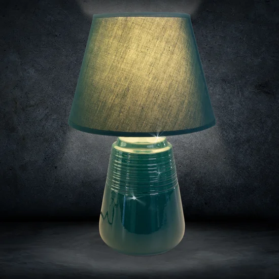 Lampka stołowa KARLA na ceramicznej stożkowej podstawie z abażurem z matowej tkaniny - ∅ 25 x 40 cm - turkusowy