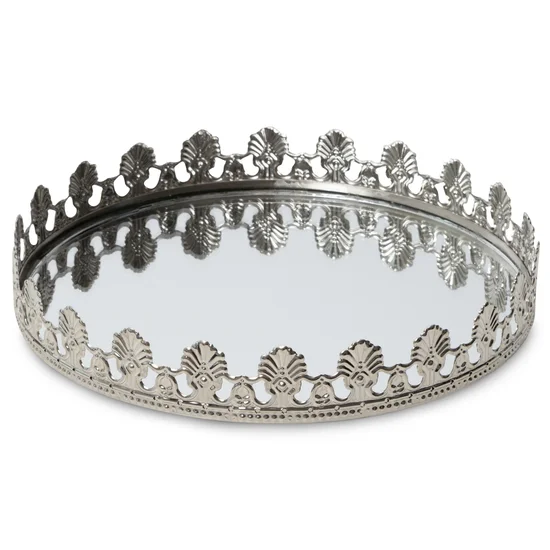 Okrągła taca dekoracyjna AMELI z lustrzanym blatem i ażurowym obrzeżem z metalu, srebrna - ∅ 22 x 5 cm - srebrny