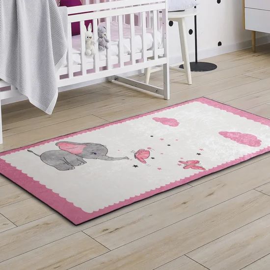 Dywan BABY do pokoju dziecięcego z motywem słonika i różowych chmurek - 80 x 150 cm - kremowy