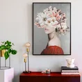 Obraz FLORID ręcznie malowany na płótnie portret kobiety z kwiatami na głowie, w czarnej ramie - 60 x 80 cm - szary 3