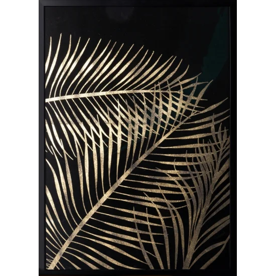 Obraz z nadrukiem błyszczących złotych liści w czarnej ramce - 53 x 73 cm - czarny