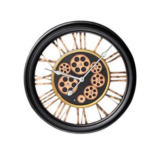 Dekoracyjny zegar ścienny w stylu vintage z ruchomymi kołami zębatymi - 43 x 9 x 43 cm - czarny