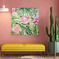 Obraz EGZOTIC  z tropikalnymi kwiatami i liśćmi ręcznie malowany na płótnie - 80 x 80 cm - zielony/różowy 3