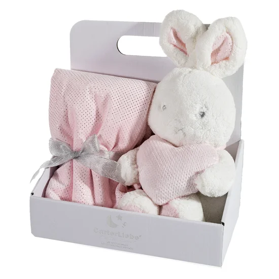 Zestaw koc dziecięcy z zabawką przytulanką króliczek - 100 x 75 cm - różowy
