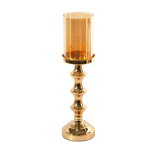 Świecznik dekoracyjny ABELLA na nóżce z metalu ze szklanym kloszem - ∅ 11 x 42 cm - złoty