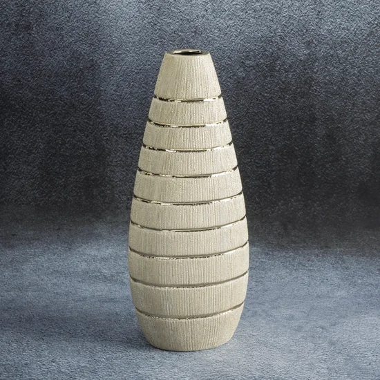 Wazon ceramiczny MELINDA o łączonych fakturach z wytłaczanym wzorem, nowoczesny - ∅ 18 x 38 cm - szampański
