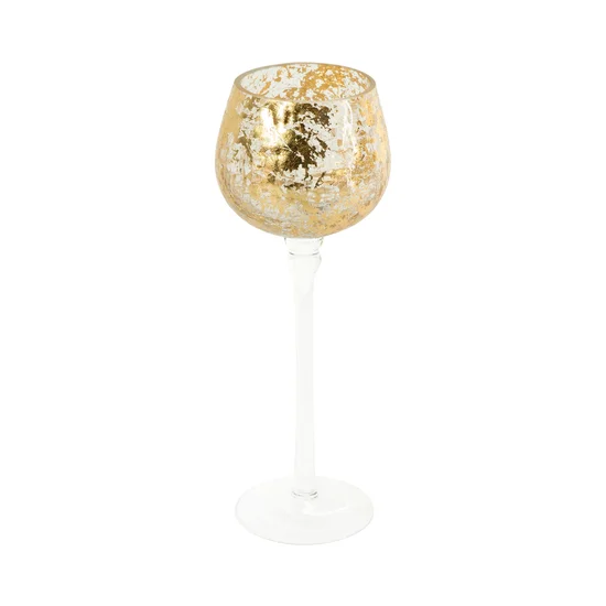 Świecznik szklany VERRE na wysmukłej nóżce ze złocistym kielichem - ∅ 9 x 25 cm - biały
