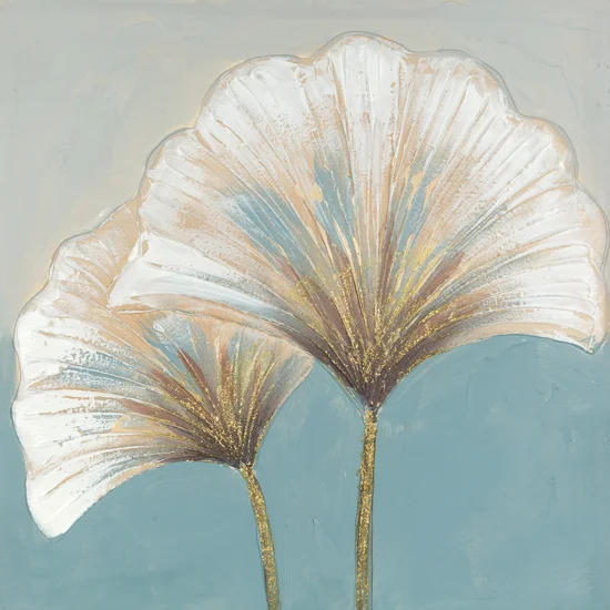 Obraz BILOBA 2 ręcznie malowany na płótnie liście miłorzębu - 60 x 60 cm - beżowy