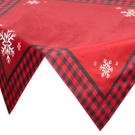 Obrus welwetowy RUDOLF z motywem śnieżynek i ozdobną kantą w kratę Obrus welwetowy RUDOLF z motywem śnieżynek i ozdobną kantą w kratę - 85 x 85 cm