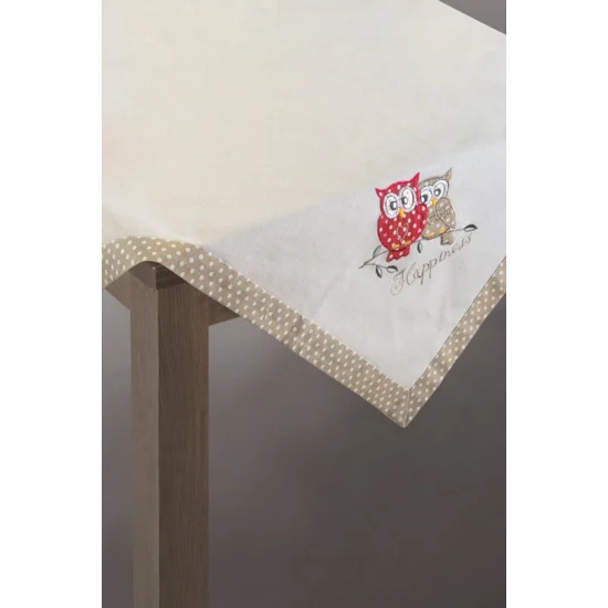 Obrus MOIRA z aplikacją z sowami i kryzą zdobioną groszkami - 85 x 85 cm - kremowy