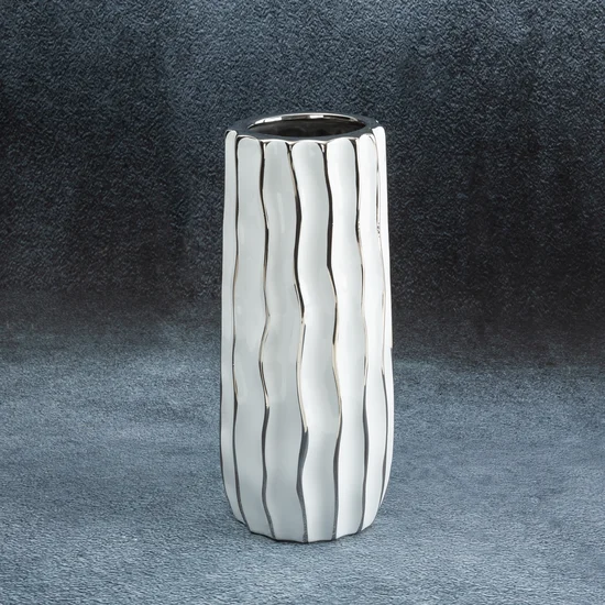 Wazon ceramiczny SAVANA przecierany biało-srebrny - ∅ 13 x 30 cm - biały