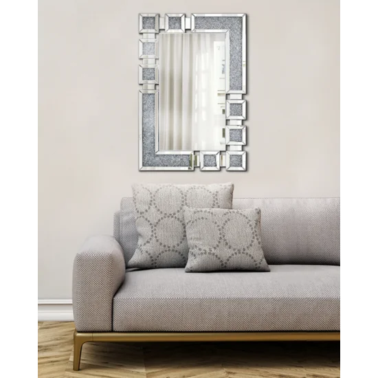 Lustro w dekoracyjnej geometrycznej ramie z drobnymi kryształkami - 80 x 3 x 120 cm - srebrny