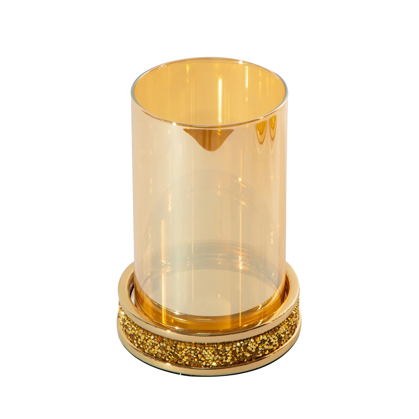 Świecznik dekoracyjny SUZIE z metalu ze szklanym kloszem dekorowany kryształkami złoty