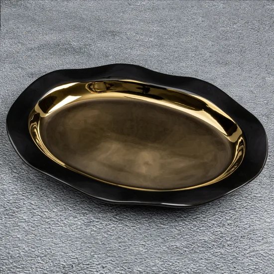 Patera ceramiczna o falującym kształcie czarno-złota - 35 x 25 x 4 cm - czarny