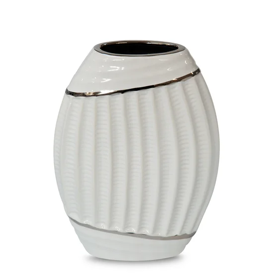 Wazon ceramiczny o nowoczesnym kształcie biało-srebrny - 20 x 7 x 27 cm - biały