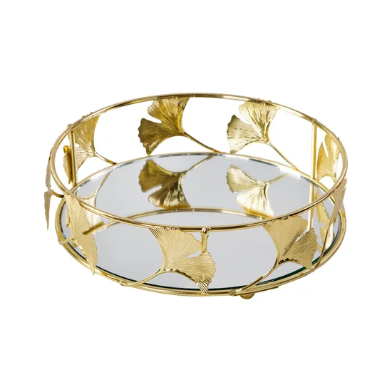 Okrągła taca dekoracyjna SAVA z lustrzanym blatem i ażurowym obrzeżem z metalu z motywem miłorzębów, złota - ∅ 20 x 7 cm - złoty