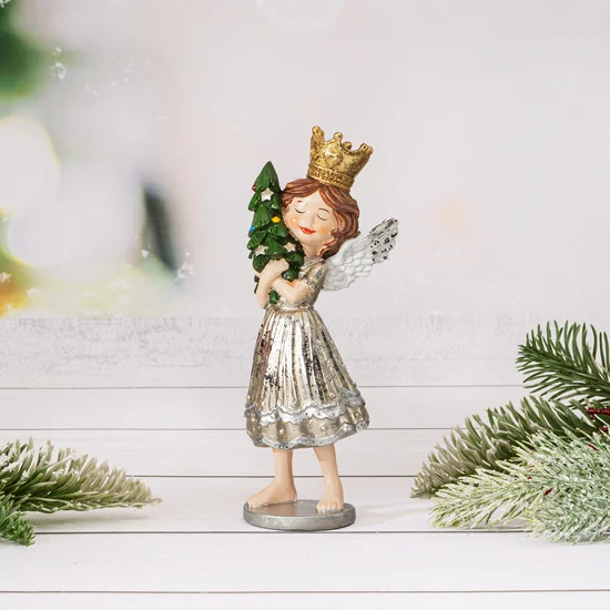 Figurka świąteczna ANIOŁEK trzymający choinkę - 6 x 6 x 15 cm - srebrny