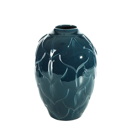 Wazon ceramiczny BILL ze zdobieniem w formie liści - ∅ 23 x 30 cm - niebieski