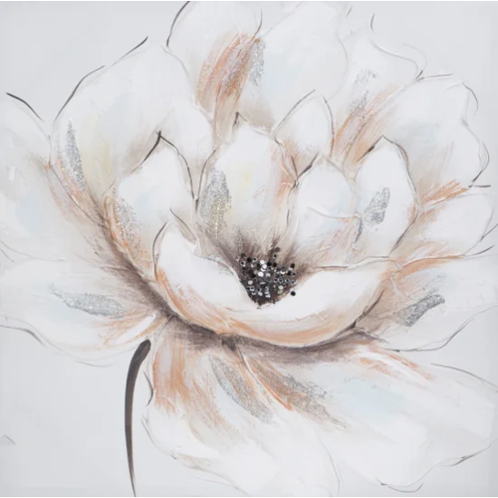 Obraz BLOSSOM 2 ręcznie malowany na płótnie kwiat z elementami brokatu i kryształkami - 60 x 60 cm - beżowy