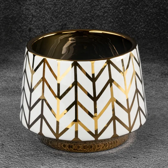 Osłonka ceramiczna na donicę EMERA z geometrycznym wzorem biało-złoty - ∅ 18 x 14 cm - biały