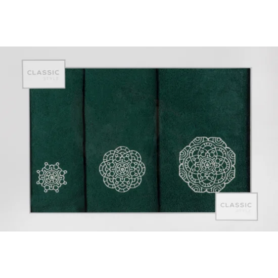 Komplet ręczników z haftem w kształcie mandali w kartonowym opakowaniu - 56 x 36 x 7 cm - butelkowy zielony