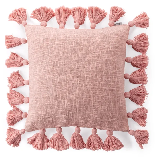 Poszewka ASTI w stylu boho z grubej tkaniny bawełnianej z chwostami na bokach - 45 x 45 cm - różowy