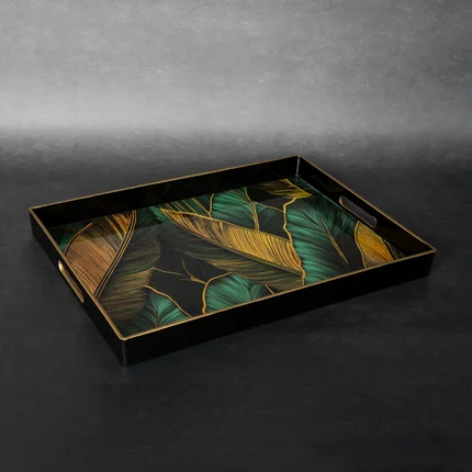 Prostokątna taca dekoracyjna DORIAN z nadrukiem egzotycznych liści Prostokątna taca dekoracyjna DORIAN z nadrukiem egzotycznych liści - 31 x 45 x 4 cm