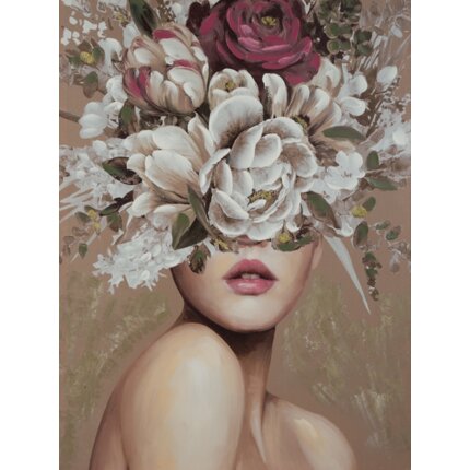 Obraz BLOSSOM 1 ręcznie malowany na płótnie portret kobiety z kwiatami na głowie 60 x 80 cm beżowy,bordowy | Eurofirany