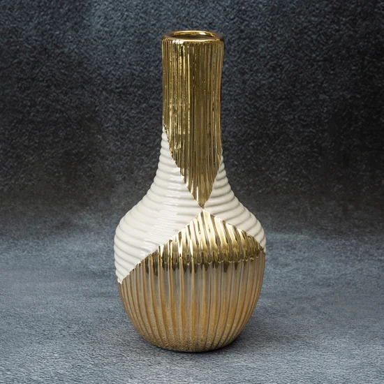 Wazon ceramiczny biało-złoty z geometrycznym wzorem - ∅ 14 x 28 cm - beżowy