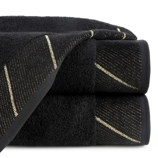 Ręcznik z szenilową bordiurą w błyszczące ukośne paski - 50 x 90 cm - czarny