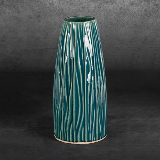 Wazon ceramiczny REA w stylu boho w prążki - ∅ 16 x 34 cm - zielony