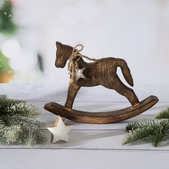 Figurka świąteczna drewniany konik na biegunach w stylu eko - 24 x 4 x 17 cm - brązowy