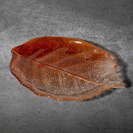 Patera SAVA ze szkła artystycznego w kształcie liścia z efektem cieniowania - 26 x 19 x 2 cm - pomarańczowy