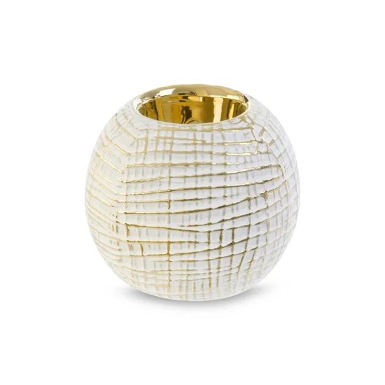 Świecznik ceramiczny SELMA z wytłaczanym wzorem biało-złoty - ∅ 11 x 9 cm - biały