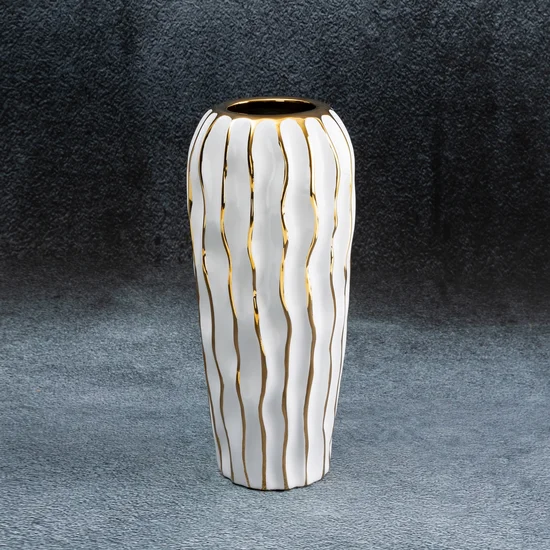 Wazon ceramiczny SAVANA 2 przecierany biało-złoty - ∅ 13 x 28 cm - biały