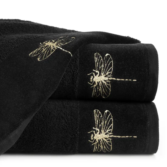 Ręcznik z błyszczącym haftem w kształcie ważki na szenilowej bordiurze - 70 x 140 cm - czarny
