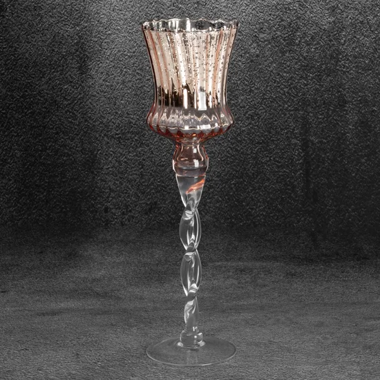 Świecznik bankietowy szklany CLARE na wysmukłej nóżce o marmurkowej strukturze - ∅ 10 x 35 cm - złoty