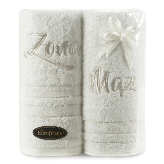 Zestaw prezentowy - 2 szt ręczników z haftem  ŻONA i MĄŻ, piękny prezent na ślub lub rocznicę - 20 x 25 x 10 cm - kremowy