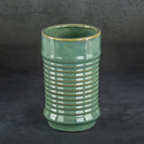 Wazon ceramiczny SAMI minimalistyczny, o kształcie walca ze żłobieniami - ∅ 12 x 20 cm - zielony